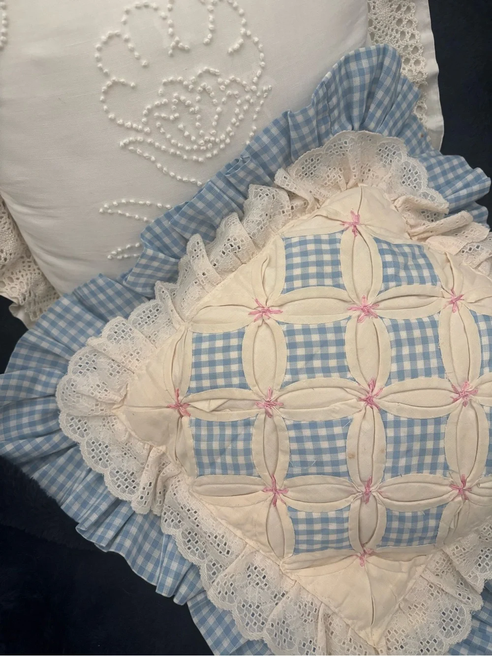 Handcrafted Blue Gingham Pillow Cathedral Window  w/Lace Final Sale